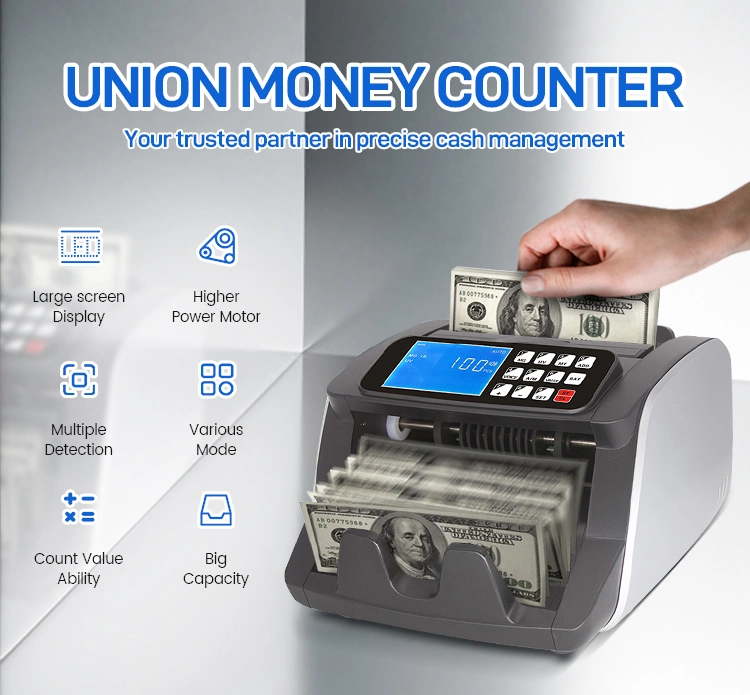 Union 1504 USD, Euro Money Counting Machine UV/Mg/IR/Dd Counterfeit Detection, Top Loading Bill Counter with Add& Batch Modes Cash Counter with LCD Disp